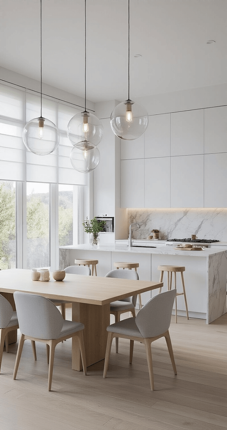 An open-concept kitchen and dining area featuring white cabinetry, a veined marble island, oversized glass globe pendant lights, and a long wooden dining table with minimalist gray chairs, all bathed in natural light from large windows with sheer blinds.