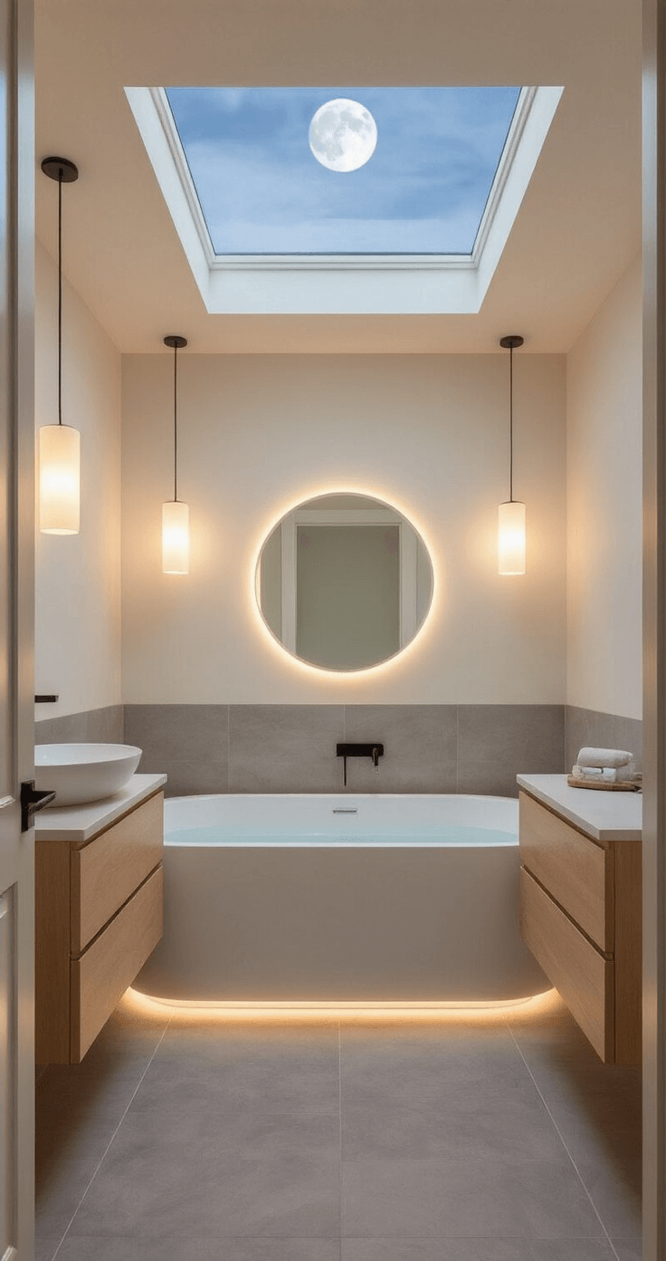 A tranquil bathroom featuring a freestanding white tub under a skylight, illuminated by moonlight and frosted glass sconces. A light oak floating vanity with a vessel sink and a round LED mirror complements large warm gray tiles covering the floor and an accent wall, while the rest of the walls are in soft creamy white, captured from the doorway.
