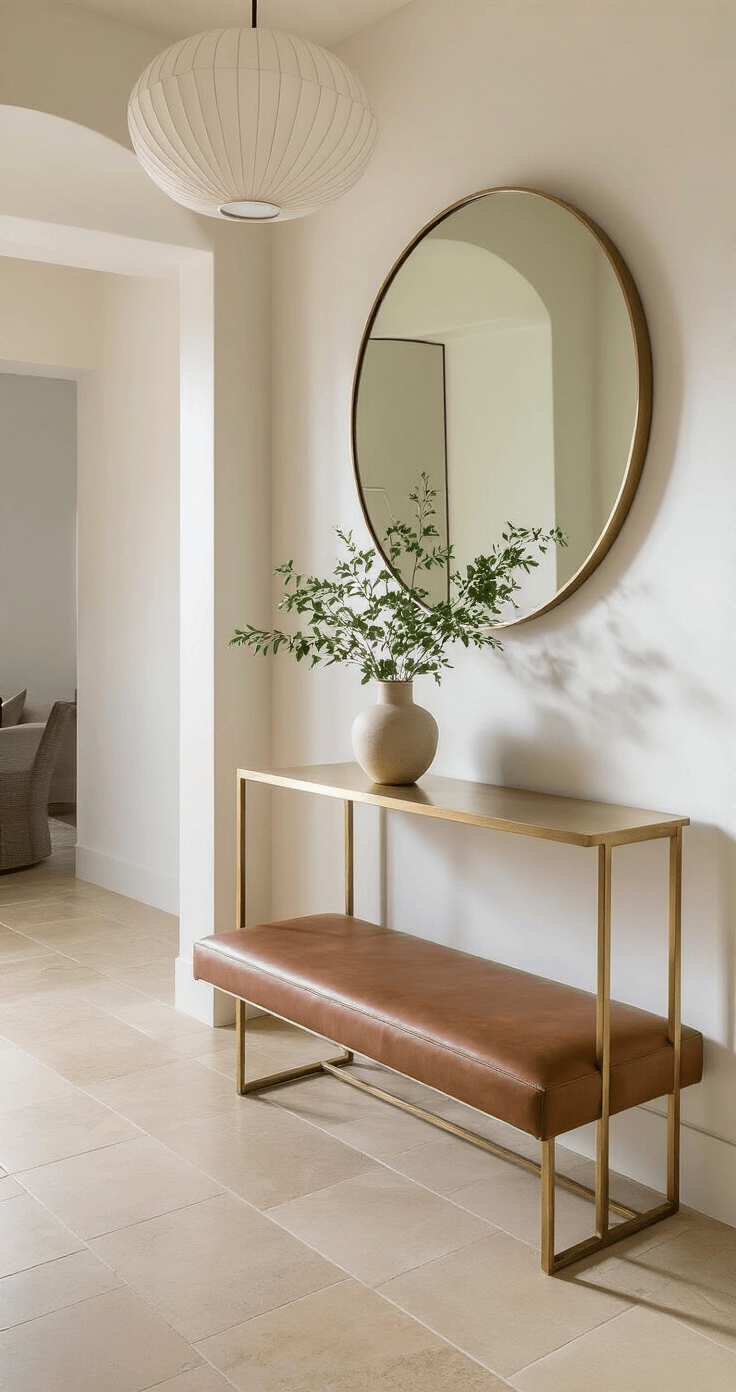 A minimalist entryway featuring a narrow brass console table with a ceramic vase, a large round mirror, a sculptural pendant light, and a cognac leather bench, all illuminated by soft late morning light against warm beige tiles.