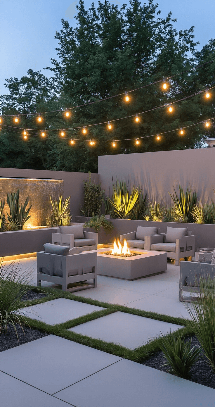 A tranquil outdoor patio at twilight featuring light gray minimalist furniture around a low concrete fire pit, with overhead string lights casting a warm glow. Sculptural succulents and ornamental grasses are in modern planters, and a gentle water feature adds ambient sound. The flooring consists of large concrete pavers with grass growing between, creating a serene atmosphere highlighted by fire, string lights, and subtle landscape lighting.