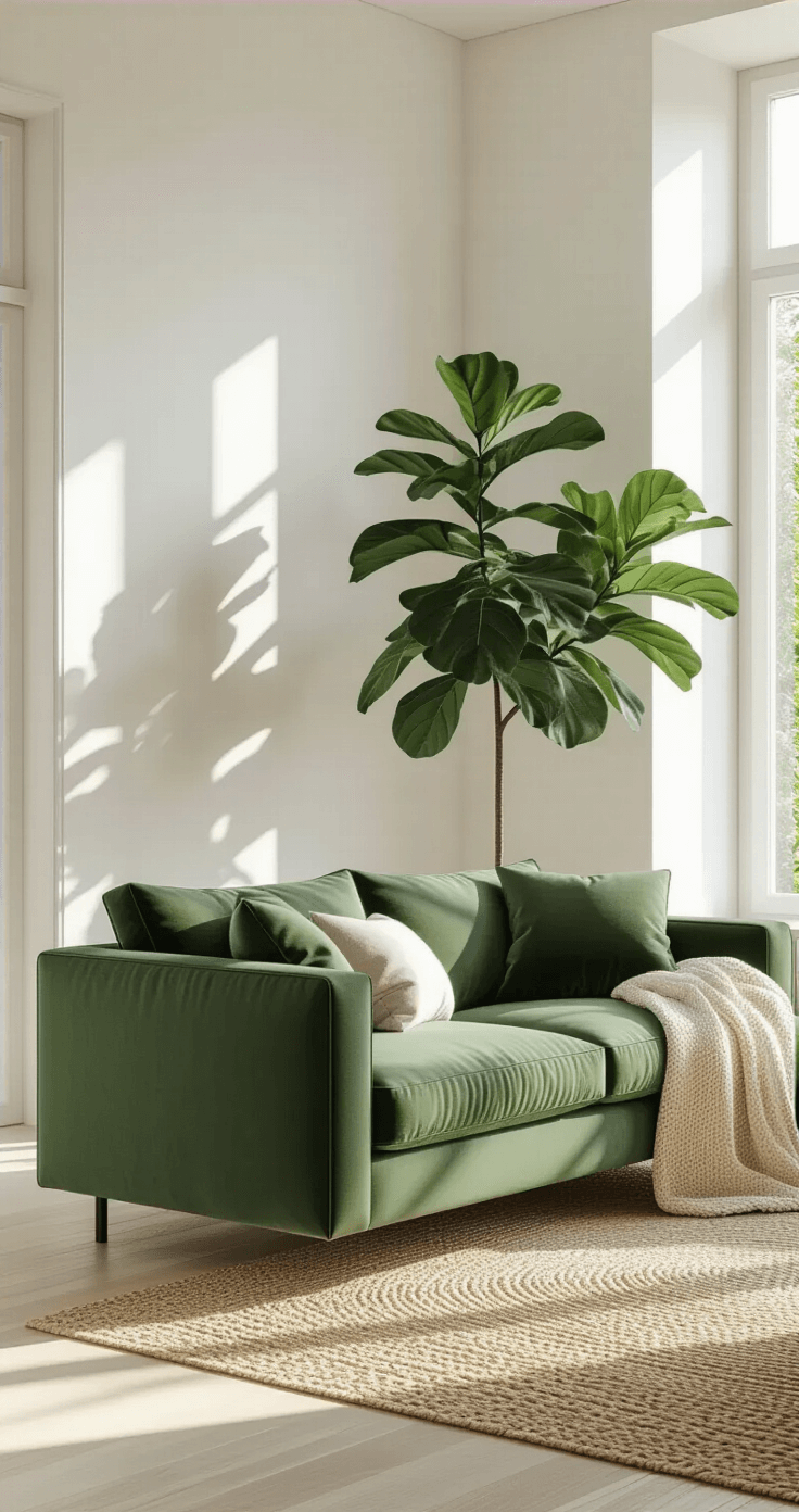 Bright living room with floor-to-ceiling windows, featuring a sage green velvet sofa, white walls, a fiddle leaf fig tree, cream wool throw, green linen cushions, and a woven jute rug, captured from a slightly elevated angle.
