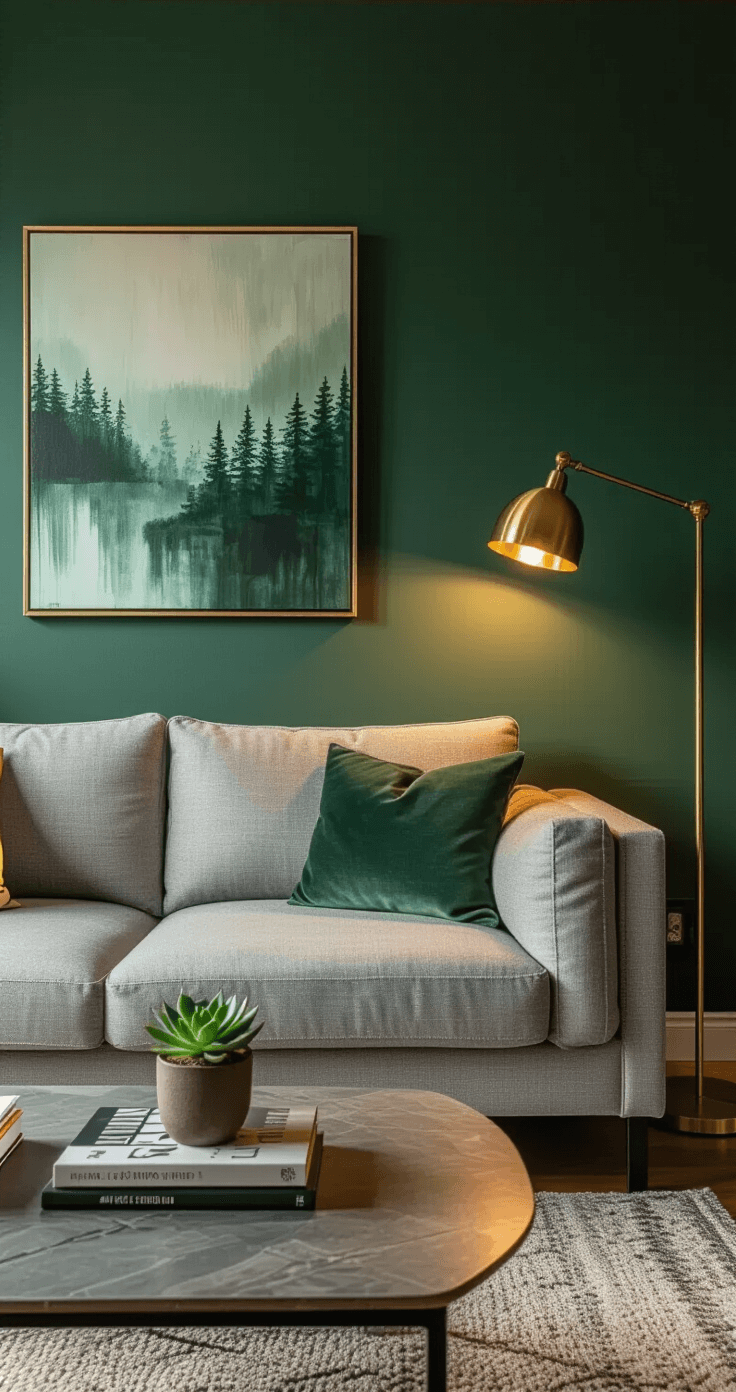 An intimate living room scene featuring a light gray modular sofa against a deep forest green accent wall, illuminated by warm light from a sleek brass floor lamp. An abstract painting in green and white hangs above, while a coffee table holds art books and a small potted succulent. The low-angle shot emphasizes the cozy ambiance and textures.