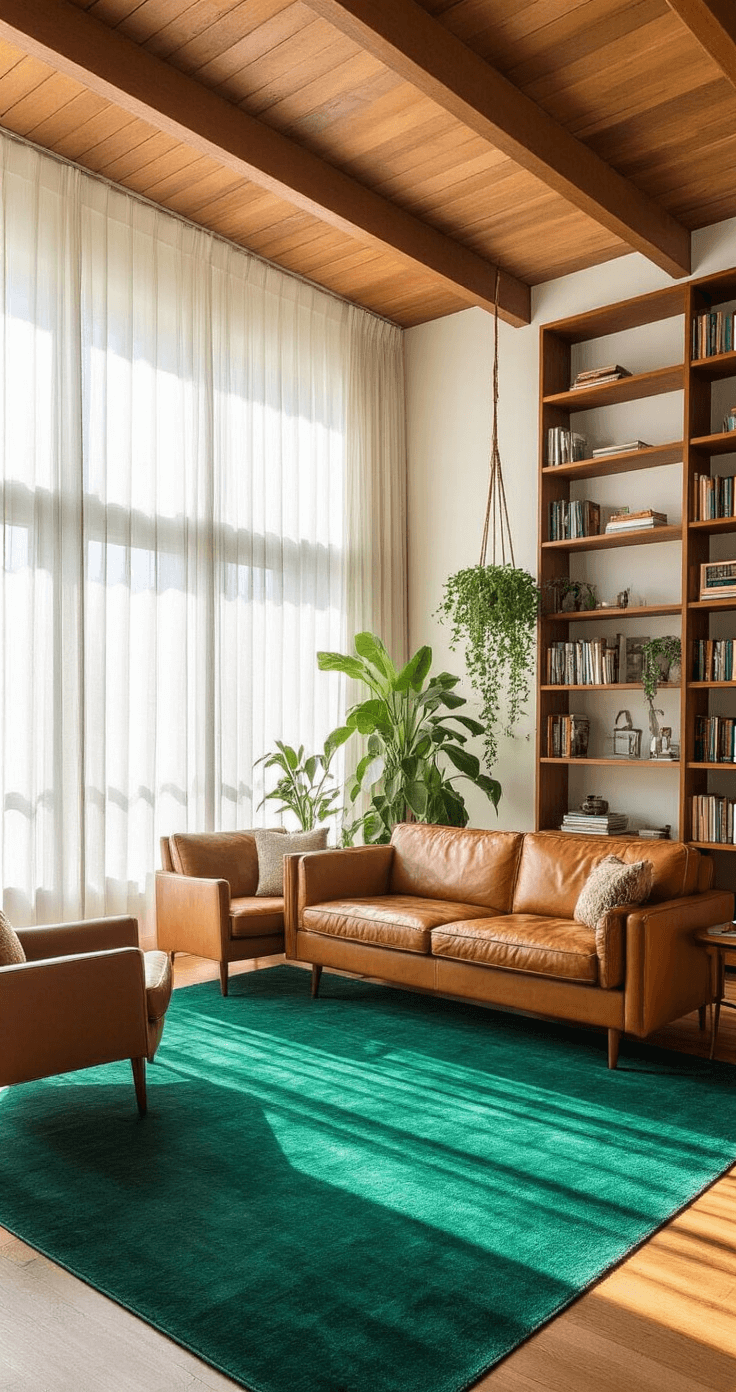 A spacious mid-century modern living room featuring high ceilings with exposed wooden beams, a large emerald green area rug under a cognac leather sofa and armchairs, floor-to-ceiling bookshelves, soft sunlight through sheer curtains, and hanging plants near the window.