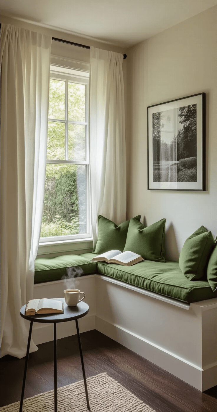 A cozy reading nook featuring a built-in window seat with moss green cushions, overlooking a garden. Soft afternoon light filters through white curtains, illuminating a small side table with a steaming cup of tea and a book. The warm off-white walls contrast with dark hardwood floors, while an oversized black and white photograph hangs above the seat.