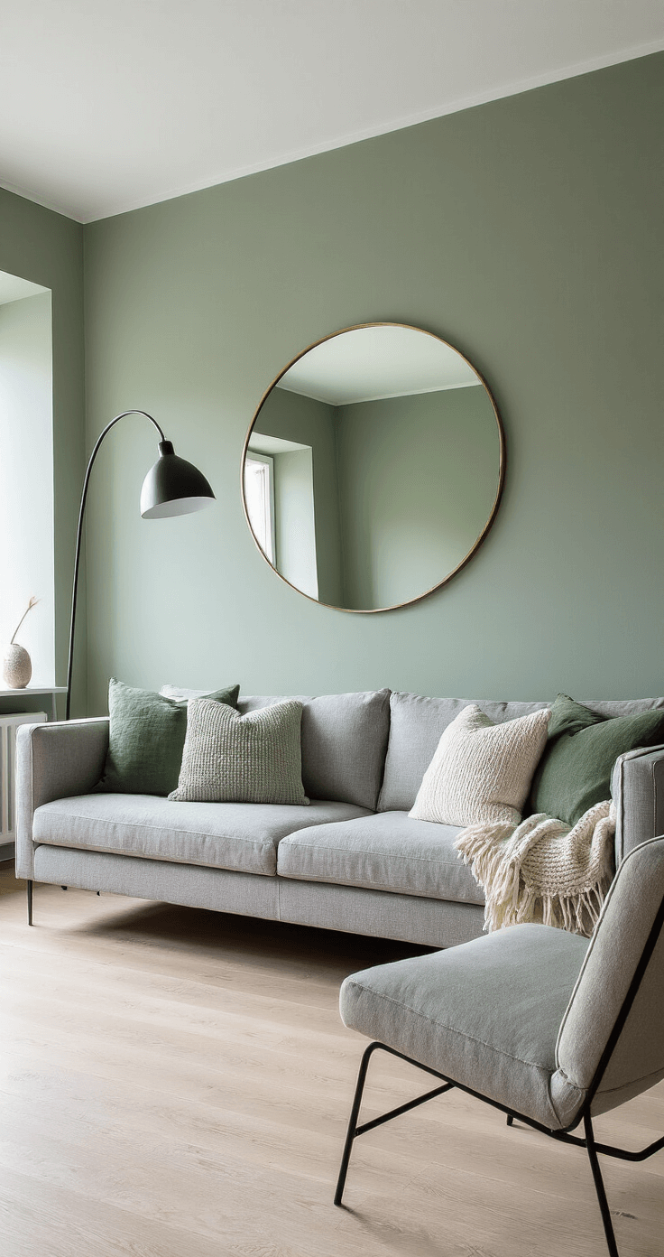 A Scandinavian-inspired living room featuring sage green walls, light oak flooring, a gray sofa with green and cream cushions, a round brass-framed mirror, an arched black metal floor lamp, and a simple armchair, all arranged in a balanced composition.