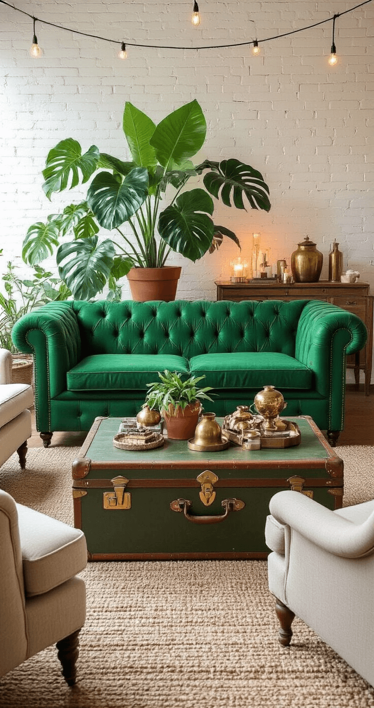 An eclectic living room featuring a vintage emerald green Chesterfield sofa against white-painted brick, surrounded by mismatched neutral-toned armchairs, a large Monstera plant in a terracotta pot, and a repurposed trunk coffee table adorned with brass objects, all illuminated by warm, low lighting from string lights and candles.