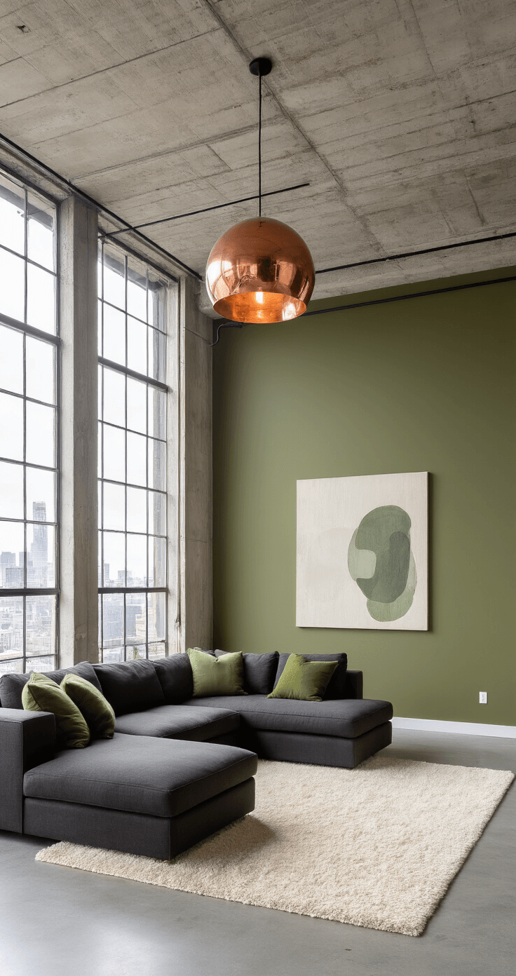 Aerial view of a minimalist loft living area featuring exposed concrete walls and an olive green accent wall. A charcoal sectional sofa faces large windows with city views, and a plush cream area rug adds warmth to the polished concrete floor. A copper pendant light hangs from the high ceiling, while throw pillows and a large abstract canvas incorporate subtle green accents.