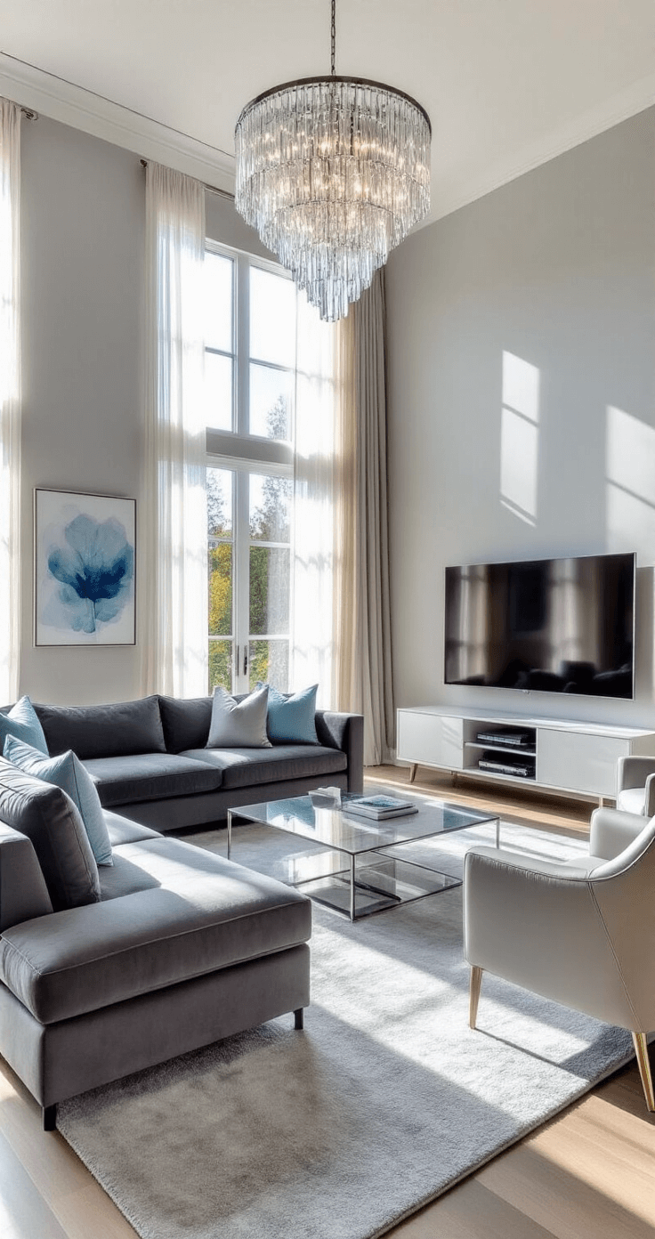 Grey's Anatomy: The Ultimate Guide to Choosing the Perfect Grey Carpet A spacious living room featuring high ceilings, large windows, and soft afternoon sunlight illuminating a plush grey carpet, modern charcoal velvet sofa, light grey leather accent chairs, glass coffee table, and abstract blue and silver artwork on dove grey walls. A crystal chandelier adds ambient light.
