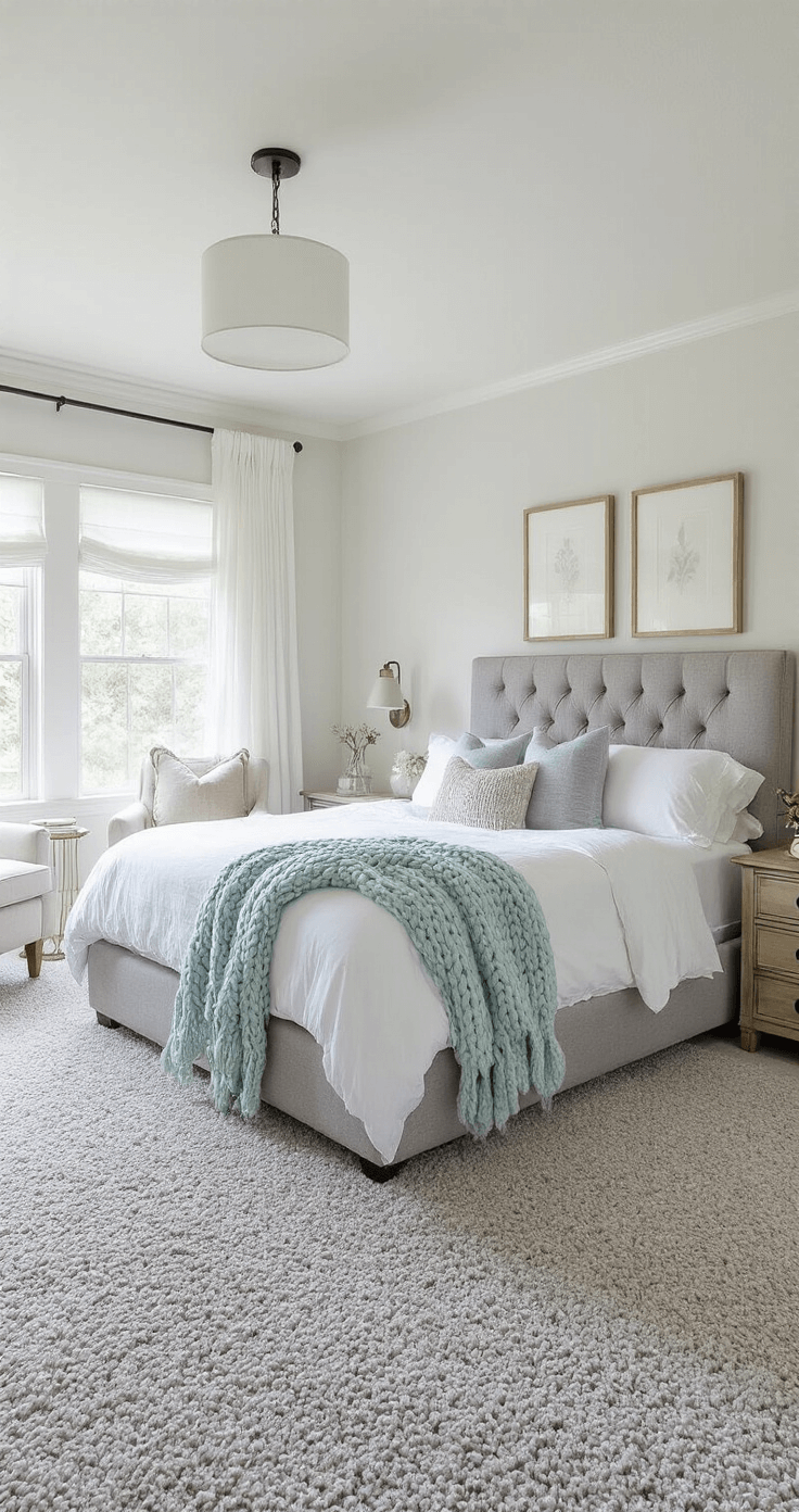 Grey's Anatomy: The Ultimate Guide to Choosing the Perfect Grey Carpet Cozy guest bedroom featuring a plush light grey carpet, a slate grey tufted queen-sized bed with white linens and a pale blue knit throw, weathered wood nightstands with mercury glass lamps, a reading nook with a cream linen armchair and a round side table, sheer white curtains, and soft grey-blue walls adorned with black and white photographs, all illuminated by morning light.