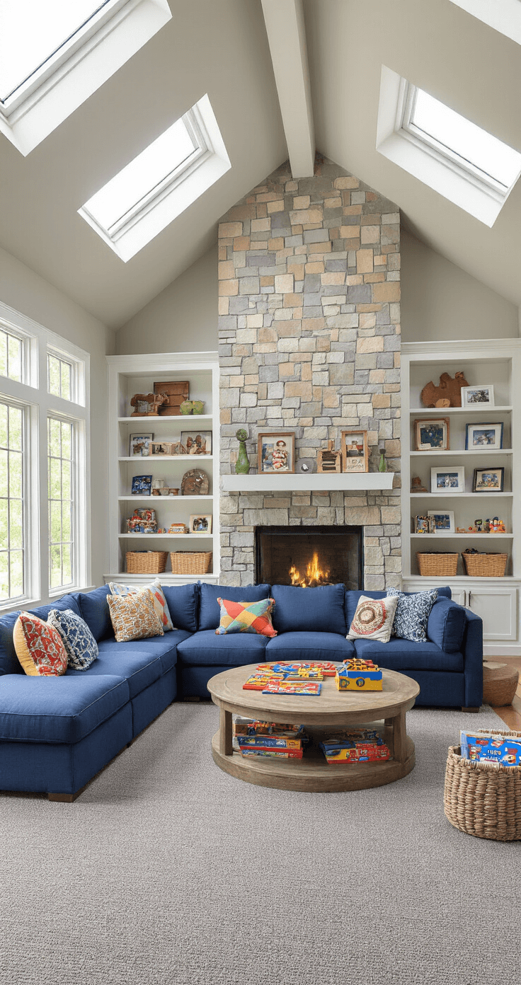 Grey's Anatomy: The Ultimate Guide to Choosing the Perfect Grey Carpet A vibrant family room featuring vaulted ceilings, a grey nylon carpet, a navy sectional sofa with patterned pillows, a distressed wood coffee table filled with games and books, and a kids' play area with colorful rugs and toy storage, all illuminated by late morning sunlight streaming through skylights.