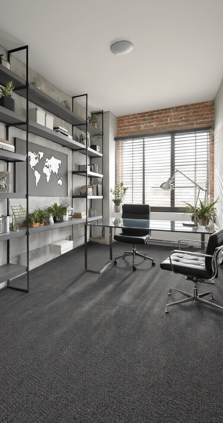 Grey's Anatomy: The Ultimate Guide to Choosing the Perfect Grey Carpet A modern industrial home office featuring a glass-top desk and black leather ergonomic chair, with a deep charcoal grey olefin carpet and metal shelving units displaying decor. Afternoon light filters through venetian blinds, casting shadows, while a large world map adorns the accent brick wall.