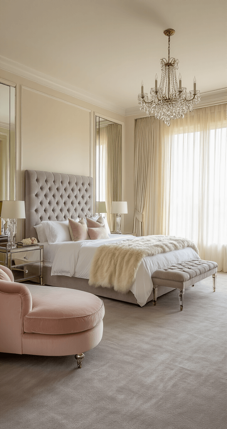 Grey's Anatomy: The Ultimate Guide to Choosing the Perfect Grey Carpet Luxurious master bedroom suite featuring a king-sized bed with a tufted headboard, soft pewter grey carpet, blush velvet chaise lounge, crystal chandelier, and warm golden hour light filtering through sheer ivory curtains.