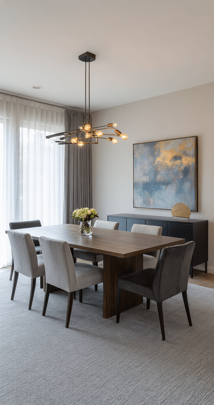 Grey's Anatomy: The Ultimate Guide to Choosing the Perfect Grey Carpet A contemporary dining room featuring a dark walnut table with upholstered chairs, heathered grey carpet, warm lighting, floor-to-ceiling windows with sheer curtains, and a large abstract painting.