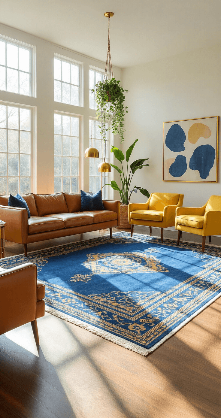 A sunlit living room featuring floor-to-ceiling windows, a vibrant sapphire blue rug with gold geometric patterns, a cognac leather sofa, mustard yellow accent chairs, and a cream shag rug, all bathed in warm afternoon light.