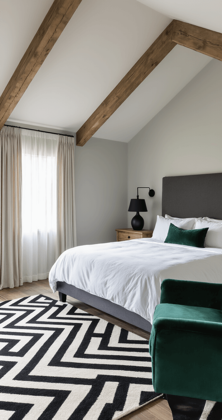 A cozy bedroom with slanted ceilings and exposed wooden beams, featuring early morning light filtering through sheer curtains. The room showcases a black and white geometric patterned rug, a king-size bed with white linens and a charcoal grey headboard, weathered oak nightstands with black ceramic lamps, and an emerald green velvet armchair in the corner. The soft dove grey walls are adorned with minimalist line drawings, all captured from the doorway in soft, diffused lighting.