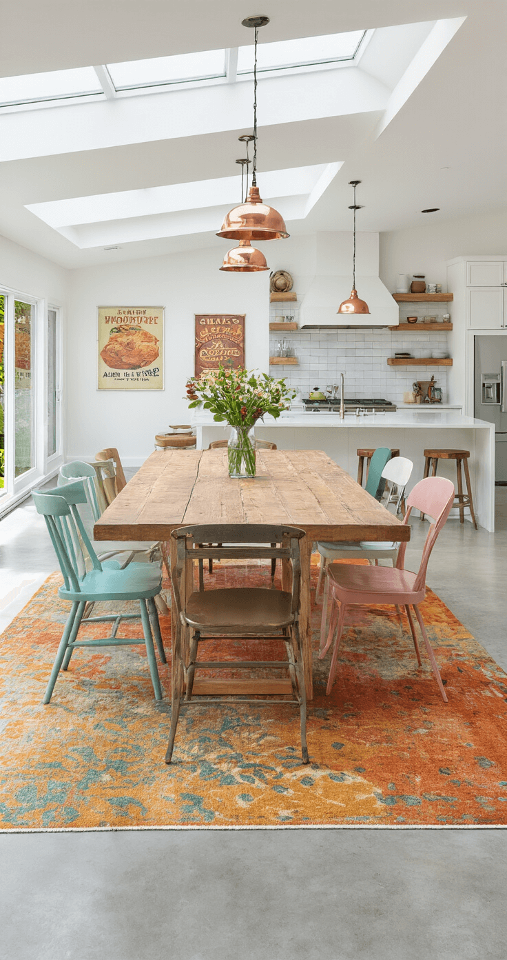 A high-angle view of a sunlit open-concept kitchen and dining area with polished concrete floors, featuring a large multi-colored abstract rug under a reclaimed wood farmhouse table surrounded by pastel chairs, white walls adorned with vintage food posters, and copper pendant lights hanging above.