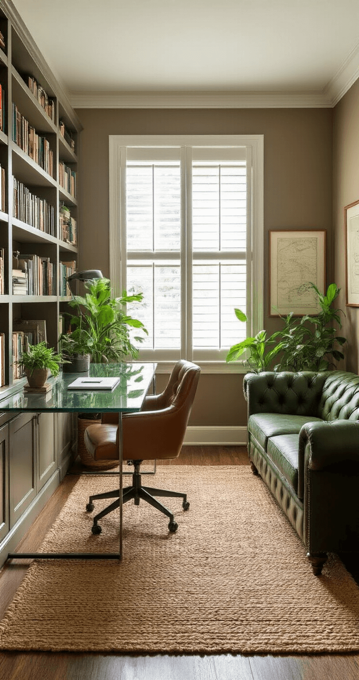 A cozy home office featuring floor-to-ceiling bookshelves, a glass-top desk, a cognac leather ergonomic chair, and a deep green velvet Chesterfield sofa. The warm taupe walls are adorned with framed maps and illustrations, while soft afternoon light filters through plantation shutters onto a natural jute rug. Various plants add vibrancy, creating a studious yet relaxing atmosphere.
