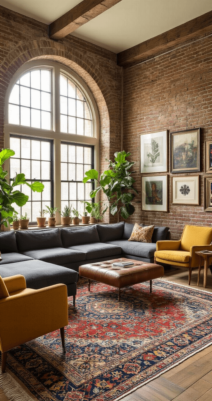 An eclectic living room with high ceilings and exposed brick walls, featuring golden hour sunlight through arched windows, a vintage Persian rug layered with a modern geometric rug, a charcoal L-shaped sectional, mustard yellow mid-century armchairs, a distressed leather ottoman, and a gallery wall, creating a cozy bohemian atmosphere.
