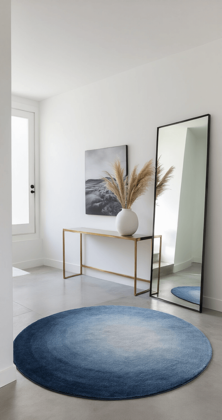 A minimalist entryway featuring polished concrete floors, a floating staircase, and a large round ombre rug. Morning light filters through a frosted glass door, illuminating a slim brushed brass console table with a white vase of pampas grass. A full-length black-framed mirror leans nearby, against crisp white walls adorned with a large black and white photograph. The view is from high on the stairs, showcasing the rug's circular shape.