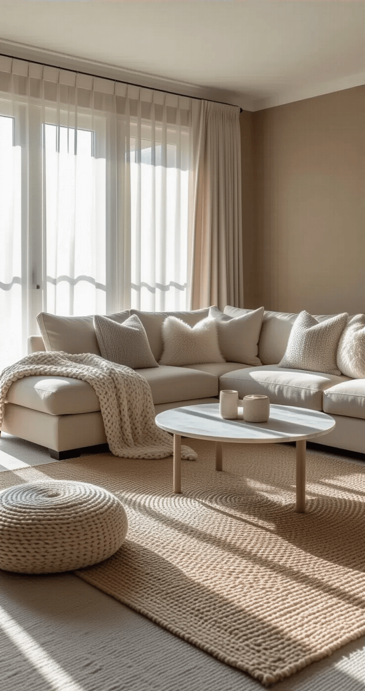 A spacious living room with grey carpet and warm taupe walls, featuring a large L-shaped beige sofa with chunky knit throws and plush grey pillows, a round marble coffee table on a jute rug, and soft afternoon light filtering through sheer curtains, creating a cozy, inviting atmosphere.