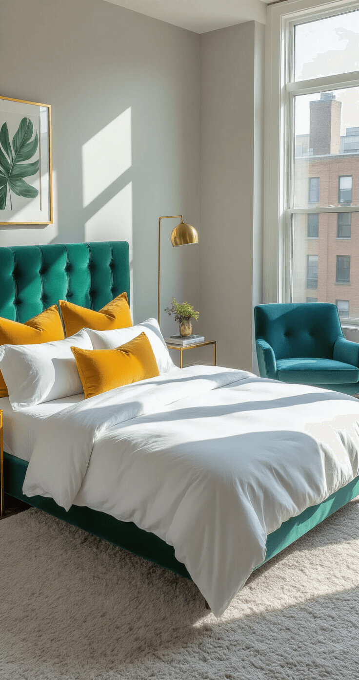 An eclectic bedroom featuring a king-size bed with white linens and mustard yellow throw pillows, an emerald green velvet headboard, a vibrant blue mid-century modern armchair, and a brass floor lamp, all illuminated by morning sunlight through floor-to-ceiling windows, with soft dove grey walls enhancing the bold colors.