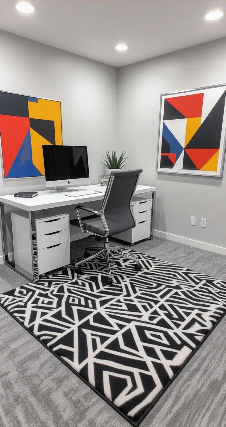 A modern home office featuring grey carpet, LED track lighting, a geometric black and white rug, a glossy white desk with chrome legs, a charcoal grey ergonomic chair, and abstract art in bold primary colors on light grey walls, shot from eye level at the desk.