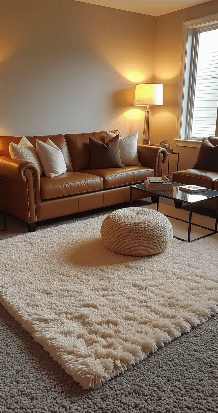 A cozy den featuring plush grey carpet and a luxurious cream shag rug, with a cognac leather sofa adorned with silk throw pillows, a jute pouf, and a sleek glass coffee table, all illuminated by warm table lamps in the evening.