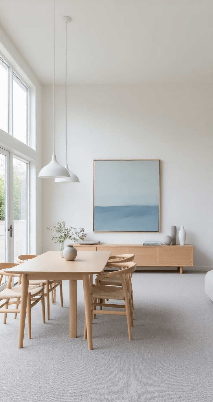 A spacious open-concept living and dining area featuring light grey carpet, large windows allowing natural light, clean white walls, light oak furniture, a minimalist dining set, and a low-profile entertainment unit, enhanced by a large abstract painting in soft blues and greys.