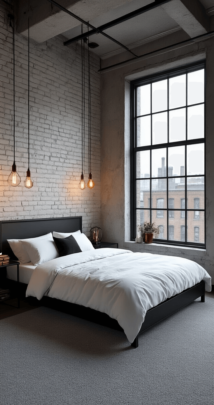 Industrial-chic loft bedroom with exposed white brick wall and concrete grey walls, featuring a black metal platform bed, Edison bulb pendant lights, and chrome and copper accents, captured from a low angle near a large factory-style window.