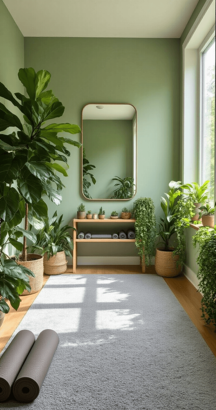 A high-angle view of a serene home yoga studio with soft grey carpet, east-facing windows filled with morning light, large potted plants, a natural wood floating shelf with succulents, rolled-up earthy-toned yoga mats, and a large mirror reflecting the lush greenery, all set against soothing sage green walls.