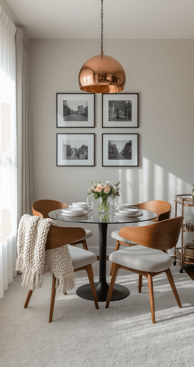 A cozy dining nook with plush light grey carpet, featuring a round glass table surrounded by mid-century modern wood chairs, illuminated by midday sunlight through sheer curtains. A copper pendant light hangs above, while one wall displays a gallery of black and white photographs. A small bar cart and a chunky knit throw on a chair add to the Scandinavian-inspired aesthetic, with a ceramic vase of fresh flowers on the table.