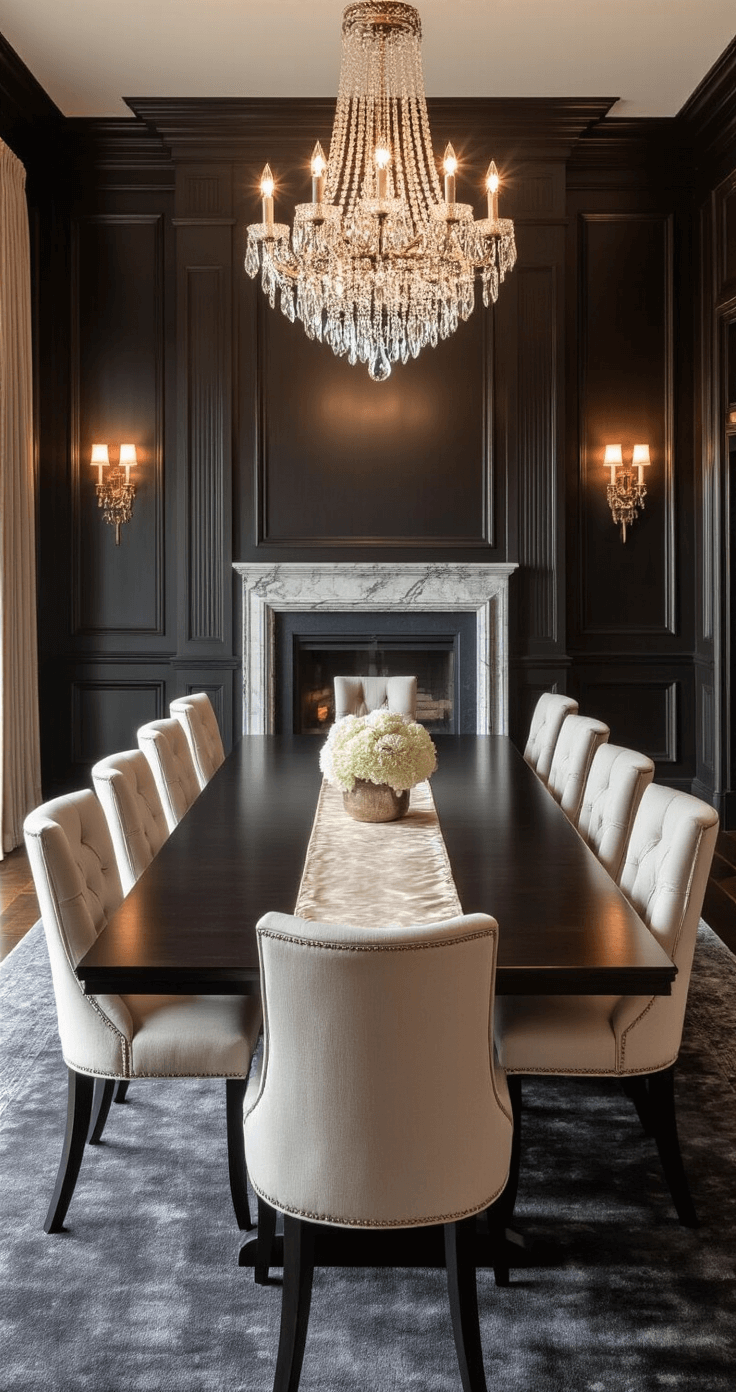 A sophisticated formal dining room featuring deep charcoal grey carpet, warm dusk lighting, and a long dark wood table surrounded by cream high-back chairs, highlighted by a crystal chandelier and moody decor elements.