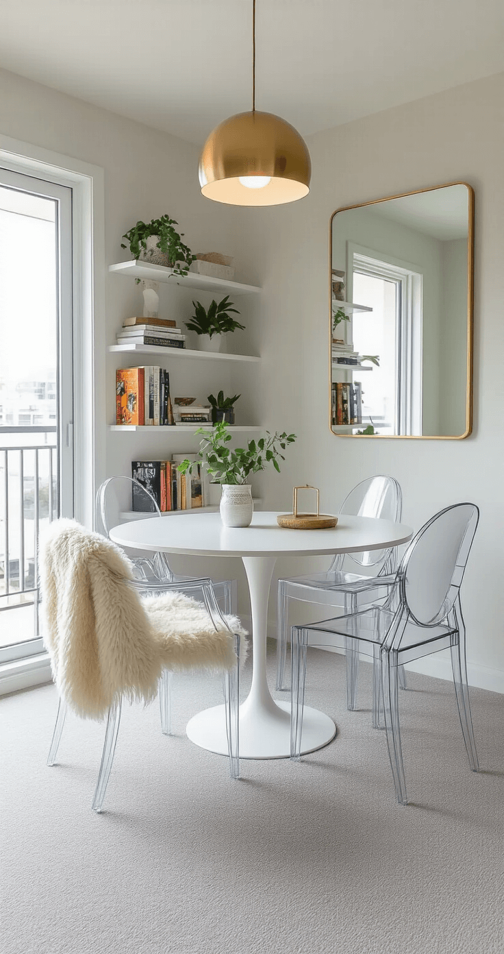 A compact apartment dining area with light grey carpet, featuring a round white lacquer table, four clear acrylic ghost chairs, a minimalist brushed gold pendant light, open shelving with cookbooks and plants, a large mirror, a faux sheepskin on a chair, and a geometric patterned table runner, all illuminated by bright morning light from a balcony.