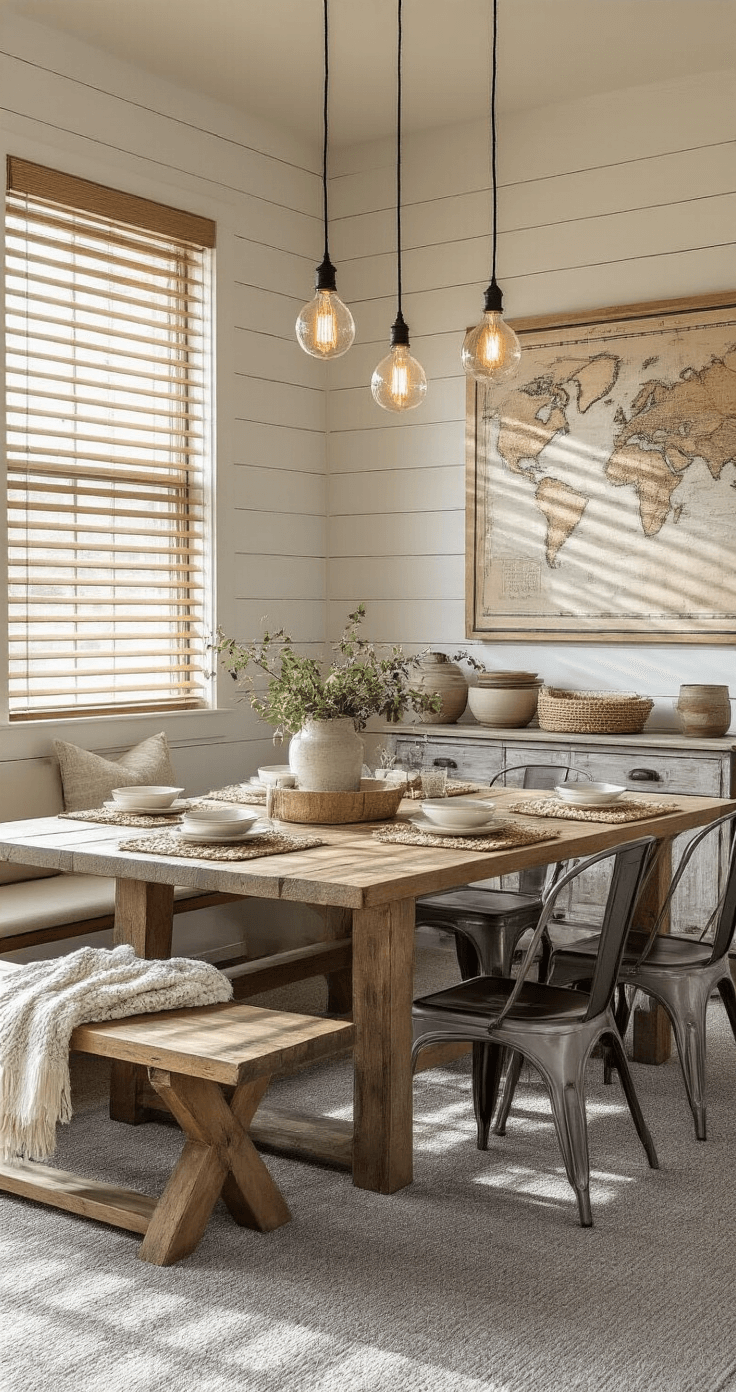 A cozy rustic-modern dining room featuring a farmhouse-style table, industrial metal chairs, and warm grey carpet, illuminated by afternoon light through wooden blinds, with shiplap walls and a vintage map, styled with woven placemats and ceramic pieces.