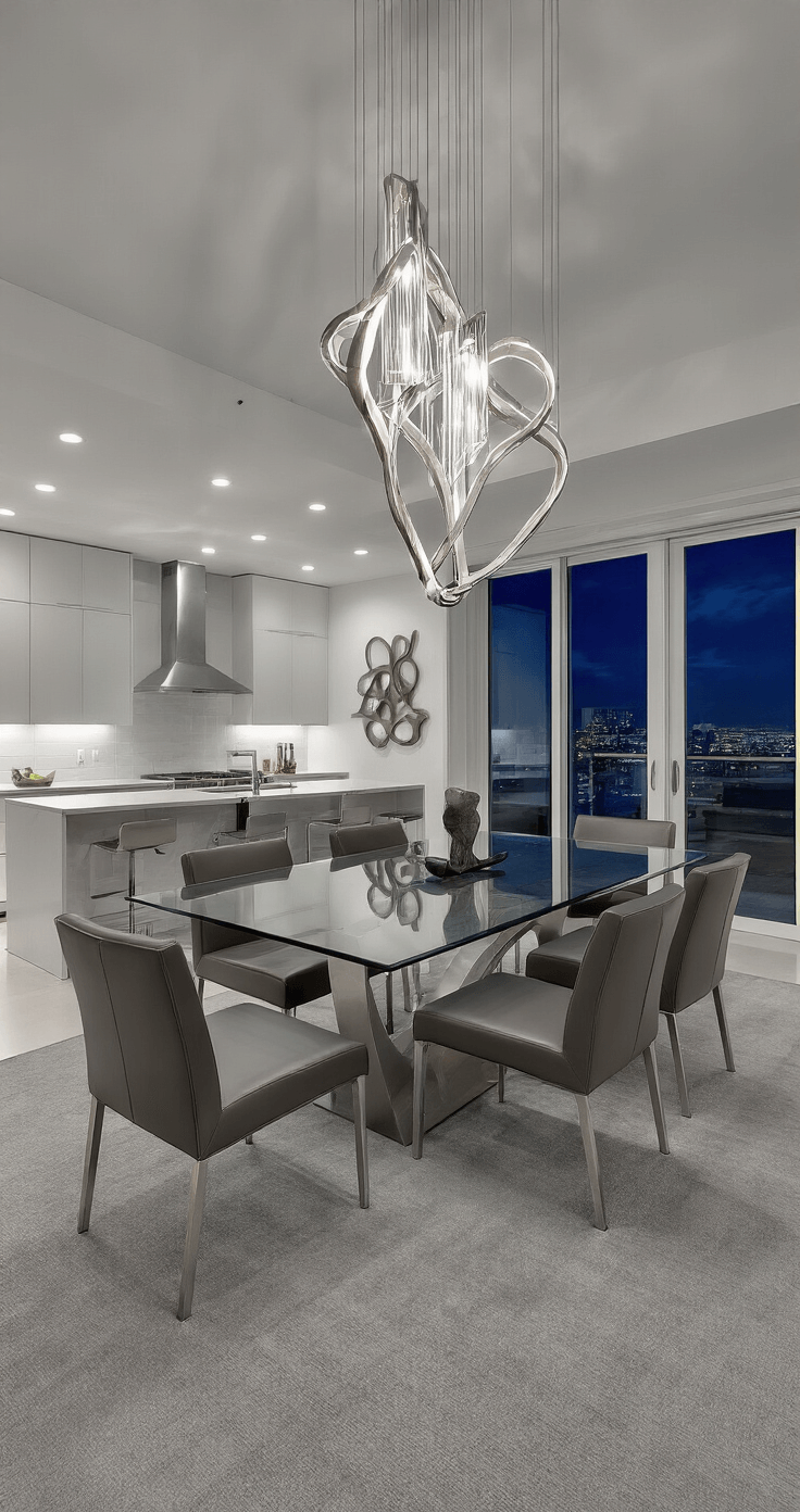 A modern open-concept dining area with sleek furniture, dramatic uplighting, and city views through floor-to-ceiling windows, showcasing a glass-topped table and sculptural decor.
