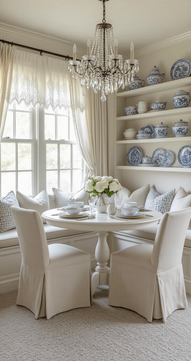 Cozy breakfast nook with plush heather grey carpet, soft beige linen chairs around a distressed white pedestal table, vintage crystal chandelier overhead, patterned pillows on built-in window seats, and blue and white china on open shelving, all bathed in soft morning light filtering through lace curtains.