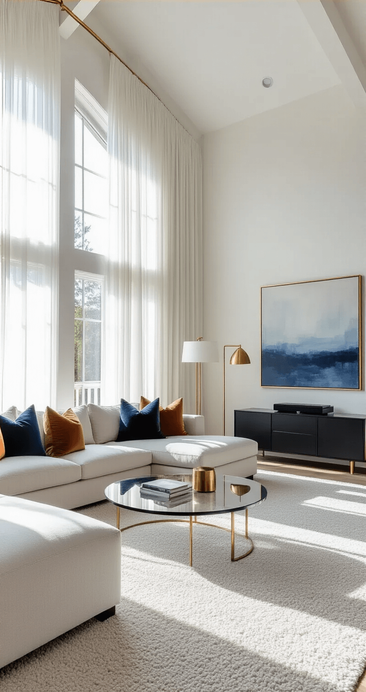 A spacious living room with vaulted ceilings and large windows, featuring a cream L-shaped sofa, a black media console, a round glass coffee table, and colorful textured throw pillows. Soft afternoon sunlight filters through sheer white curtains, illuminating the light grey carpet and white walls, with a large abstract painting above the sofa and warm accent lighting from brass floor lamps.