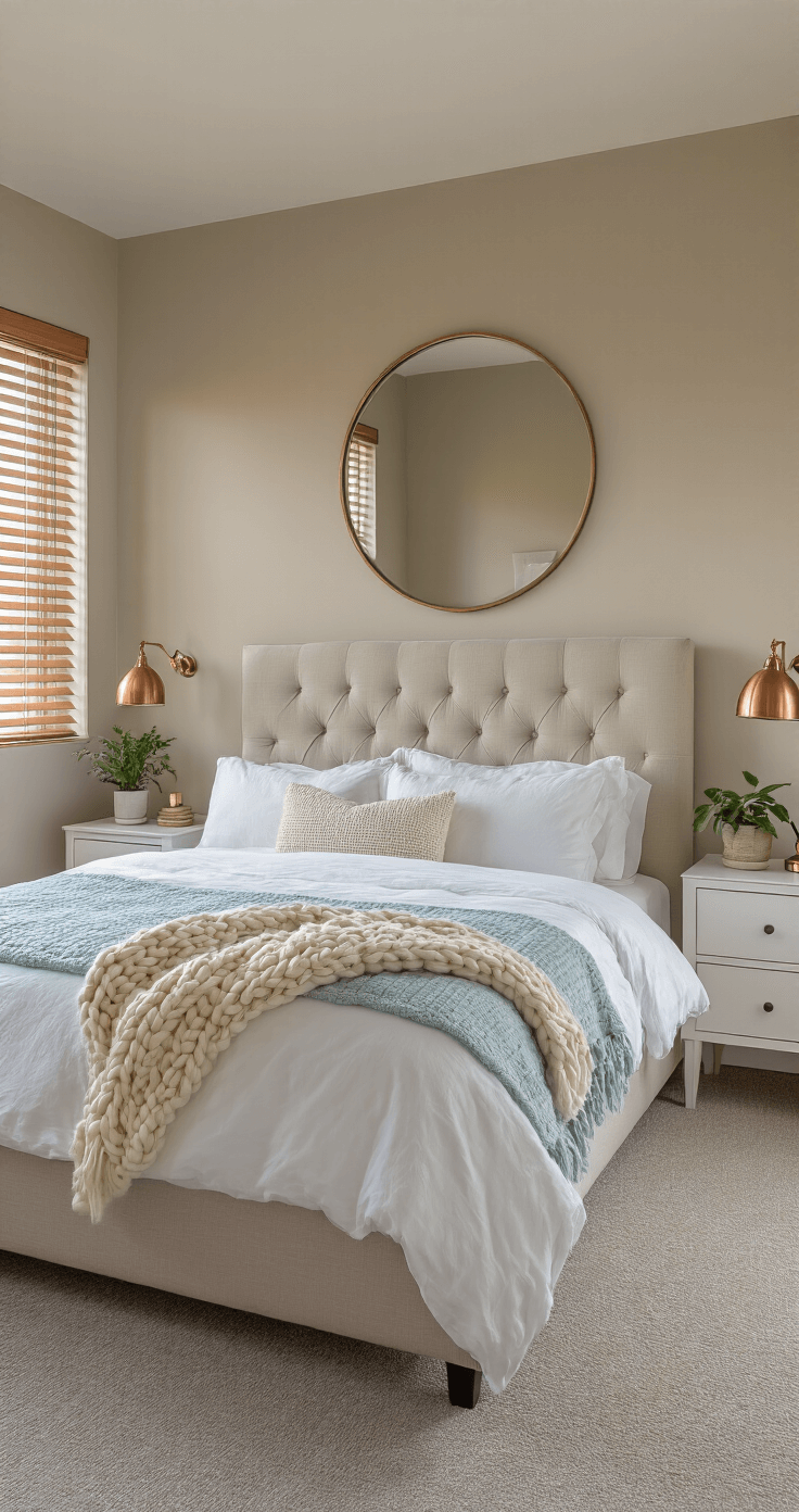 Cozy bedroom with warm greige walls, medium grey carpet, and a king-size bed adorned with crisp white linens and a pale blue chunky knit throw, illuminated by soft morning light from wooden blinds. White nightstands with copper lamps flank the bed, a large brass-framed mirror hangs above a sleek dresser, and potted plants add greenery.
