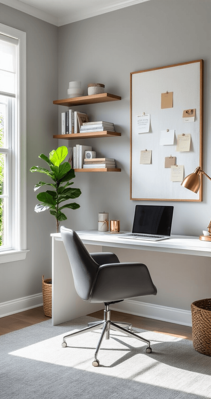 Chic home office featuring light grey walls, a silvery grey carpet, and a white desk with a charcoal grey ergonomic chair. Warm wood floating shelves display books and decor, alongside a large pin board with notes. Copper desk accessories add sophistication, while a fiddle leaf fig in the corner introduces a touch of nature. Bright natural light streams through a large window, creating a productive and stylish atmosphere.