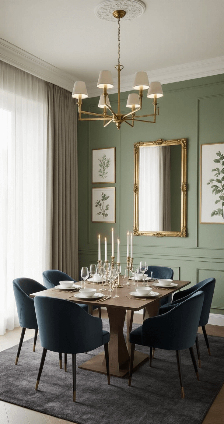 An elegant dining room featuring sage green walls and a dark charcoal grey carpet, illuminated by soft evening light through sheer curtains. A modern brass chandelier hangs above a long wooden dining table set for eight, surrounded by deep navy velvet chairs, with white china and crystal glassware. A large ornate gold-framed mirror reflects the warm ambiance, and botanical artwork decorates the walls, creating a sophisticated and inviting atmosphere. Eye-level view from one end of the table.