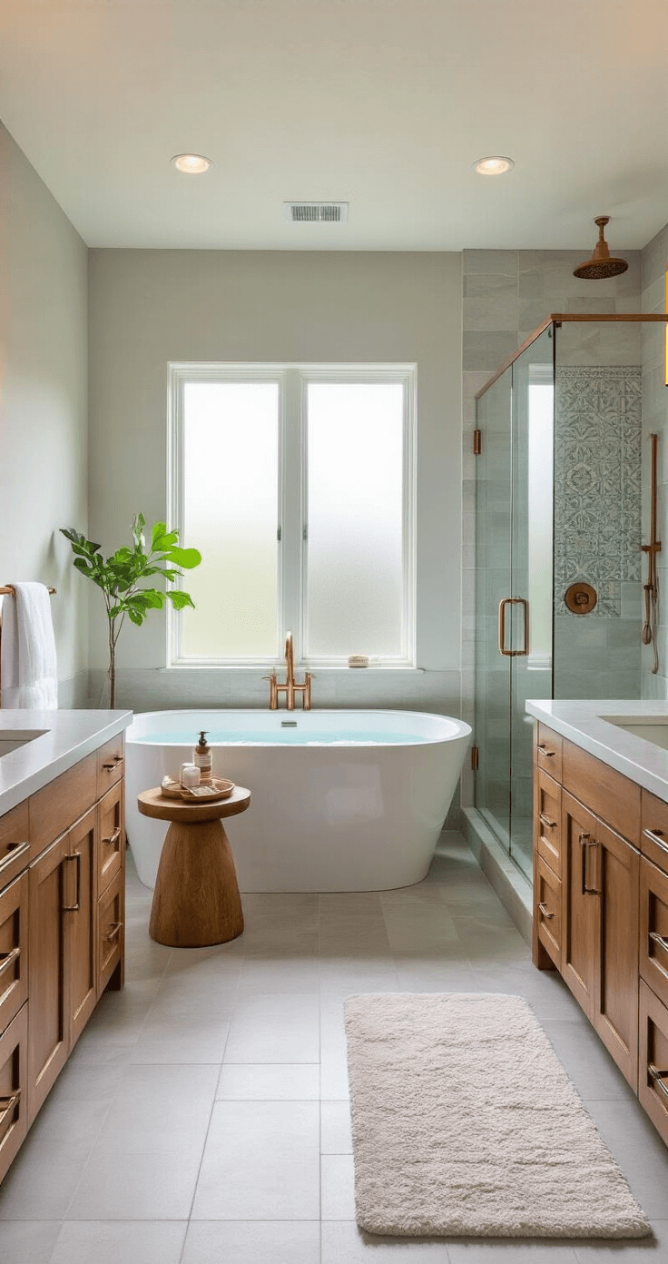 A wide shot of a luxurious master bathroom with pale grey walls and light grey tiled floors, featuring a freestanding white bathtub, double vanities with marble countertops, and a large walk-in shower with glass doors, all illuminated by morning sunlight.