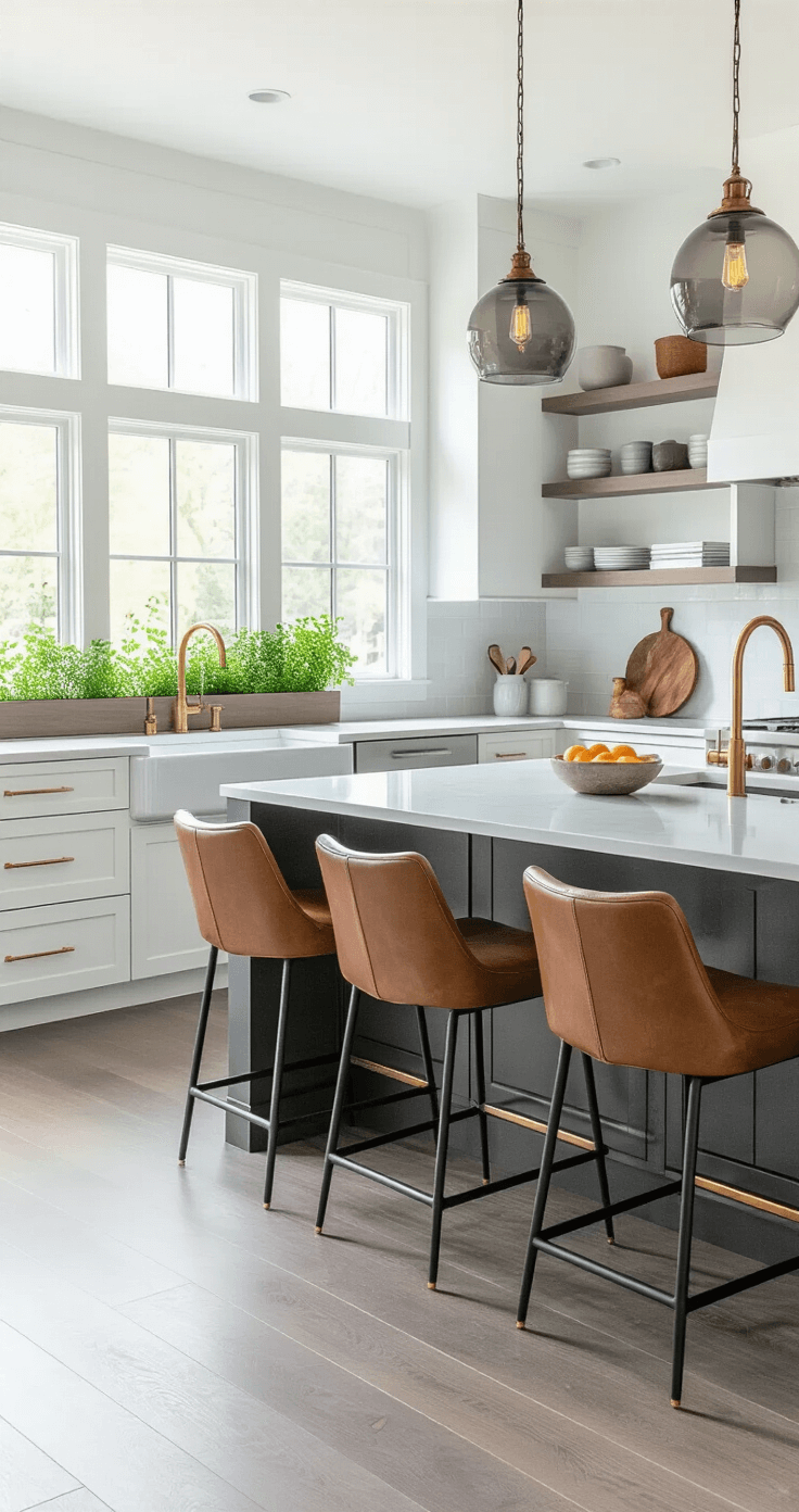 A modern open-concept kitchen featuring white walls, warm grey flooring, and large windows flooding the space with natural light, showcasing white cabinets with brass hardware, dark grey quartz countertops, a large island with waterfall edges and cognac leather barstools, smoked glass pendant lights, open shelving with ceramics and cookbooks, and a herb garden on the windowsill.