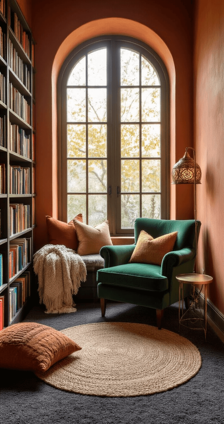 A cozy reading nook in a bay window with terracotta walls, featuring an emerald green velvet armchair, a brass side table, and a floor-to-ceiling bookshelf. Golden hour light creates a warm ambiance, accentuated by a Moroccan-inspired floor lamp. A chunky knit throw and assorted warm-toned pillows add texture, while a small jute rug defines the space.