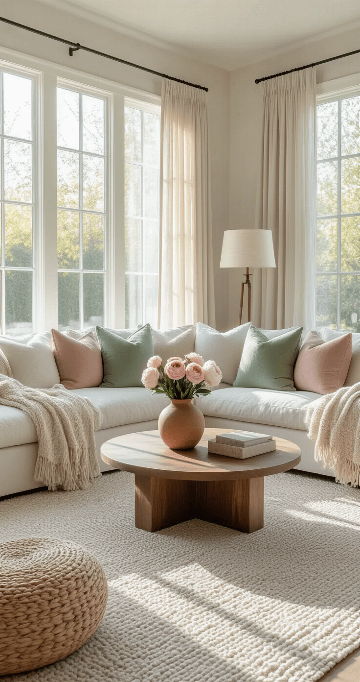 A spacious living room featuring large windows that let in warm afternoon sunlight, a cream linen sofa with sage green and dusty rose pillows, a round walnut coffee table with a clay vase of fresh peonies, and soft textures like a chunky knit throw and woven baskets, all set against a light grey carpet.