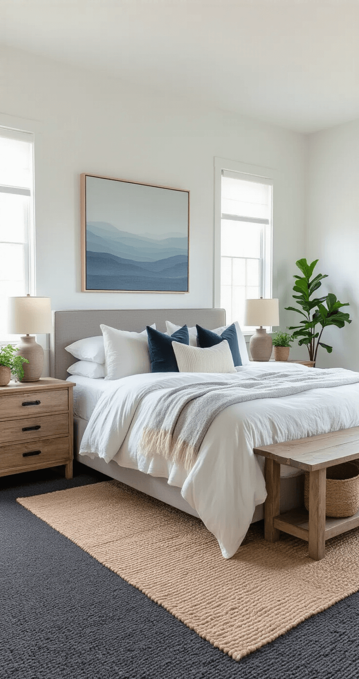 A serene 12x14ft bedroom with a king-size bed dressed in creamy linen bedding, weathered wood nightstands with ceramic lamps, and an abstract blue-grey canvas above. Charcoal grey carpet contrasts with white walls, while a wool throw, velvet pillows, and a jute rug enhance texture. Potted plants add greenery, captured from a slightly elevated angle.