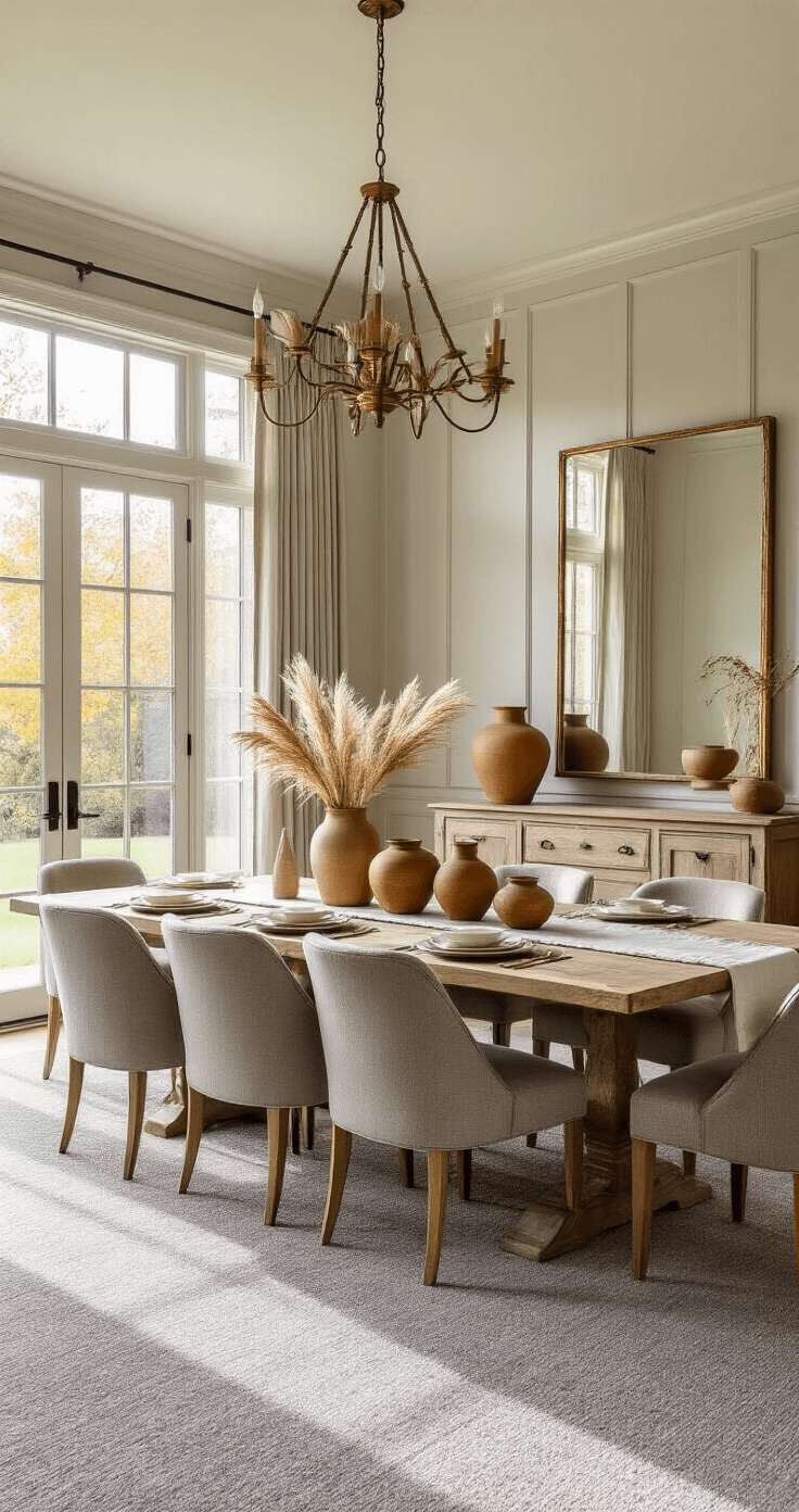 Elegant dining room with grey carpet, rustic oak table, grey upholstered chairs, brass-accented chandelier, and warm neutral palette, illuminated by golden hour light through floor-to-ceiling windows.
