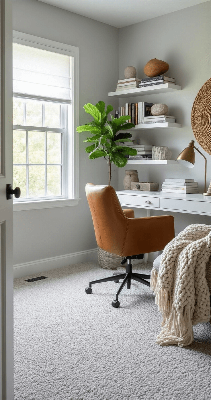 A serene home office featuring a sleek white desk and cognac leather chair, flooded with midday light, a fiddle leaf fig, open shelving with books and art, and warm wood accents against cool greys and whites, viewed from the doorway.