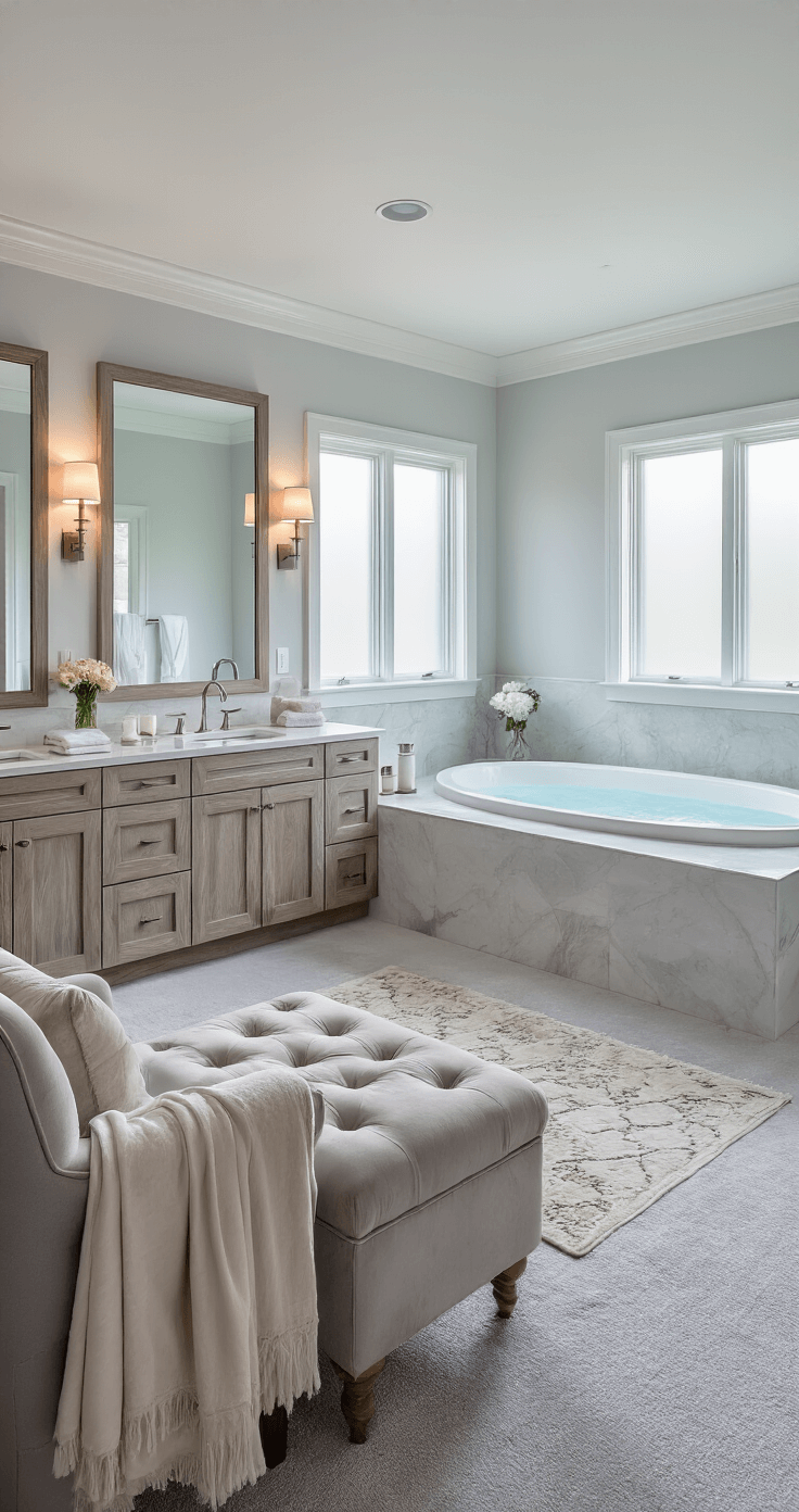 A luxurious master bathroom featuring a freestanding oval bathtub, his-and-hers weathered oak vanities, and plush grey carpet, all bathed in soft evening light with a serene color palette of cool greys, whites, and soft blues.