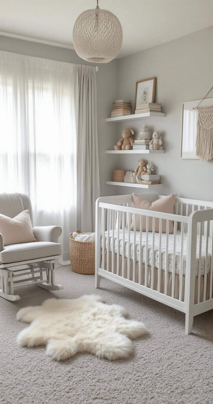A serene nursery featuring soft grey carpet, a white wooden crib with muted pastel bedding, and a comfortable glider, all bathed in gentle morning light through sheer curtains. The room includes open shelving with books and stuffed animals, a plush sheepskin rug, woven baskets, and a macramé wall hanging, creating a warm, nurturing atmosphere.