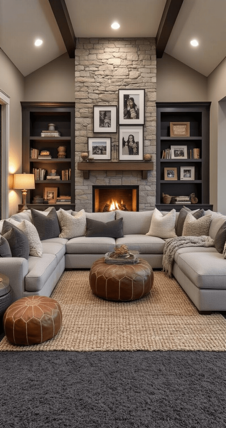 A cozy family room featuring dark grey carpeting, warm lighting from lamps and a fireplace, a large light grey sectional sofa with pillows, built-in bookshelves flanking a stone fireplace, a textured area rug, leather poufs, velvet accent chairs, and a gallery wall of family photos, all arranged to create a layered and inviting atmosphere.